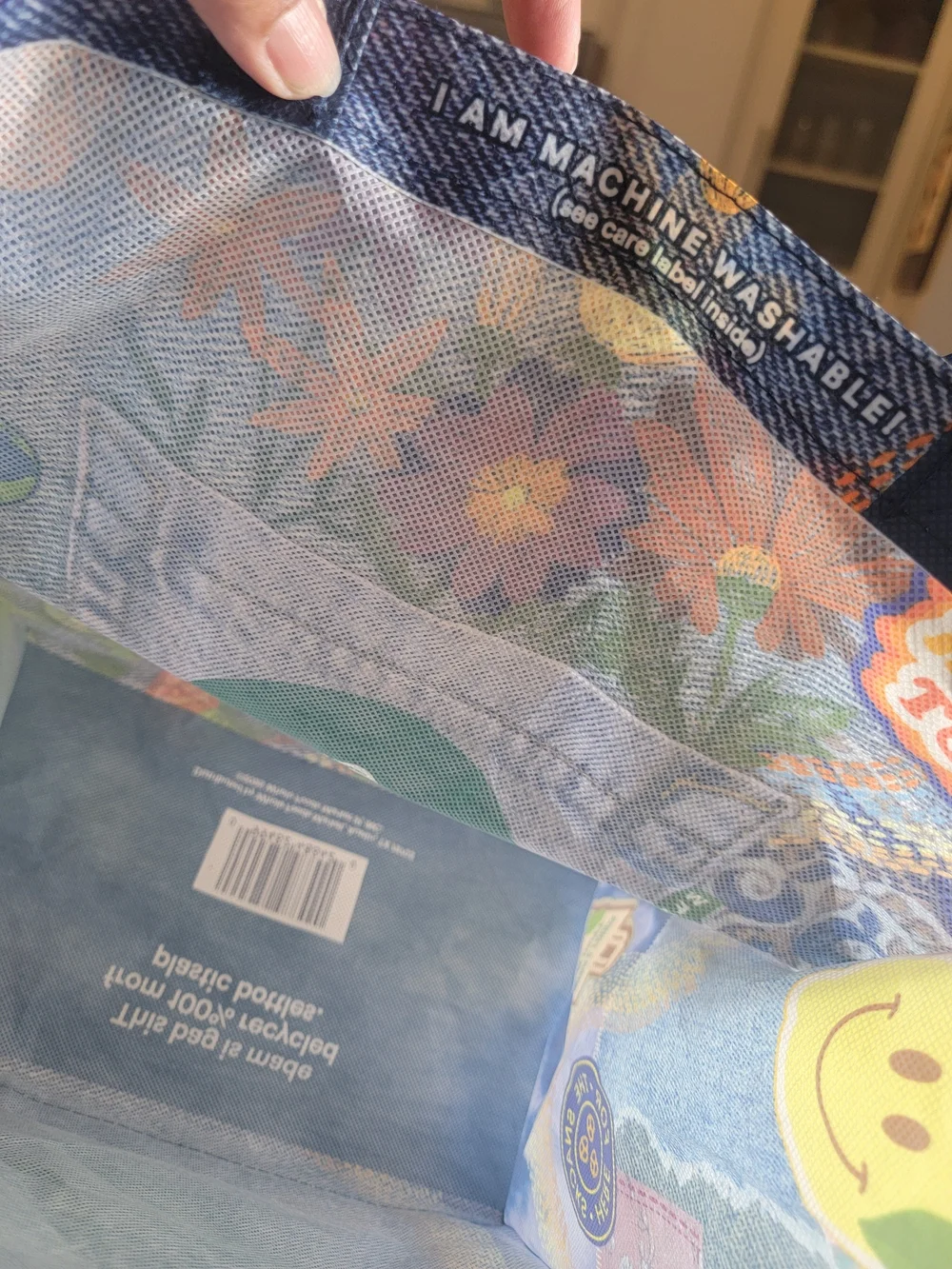 Whole Foods Denim Print Reusable Market Tote Bag Sustainable Grocery Carryall